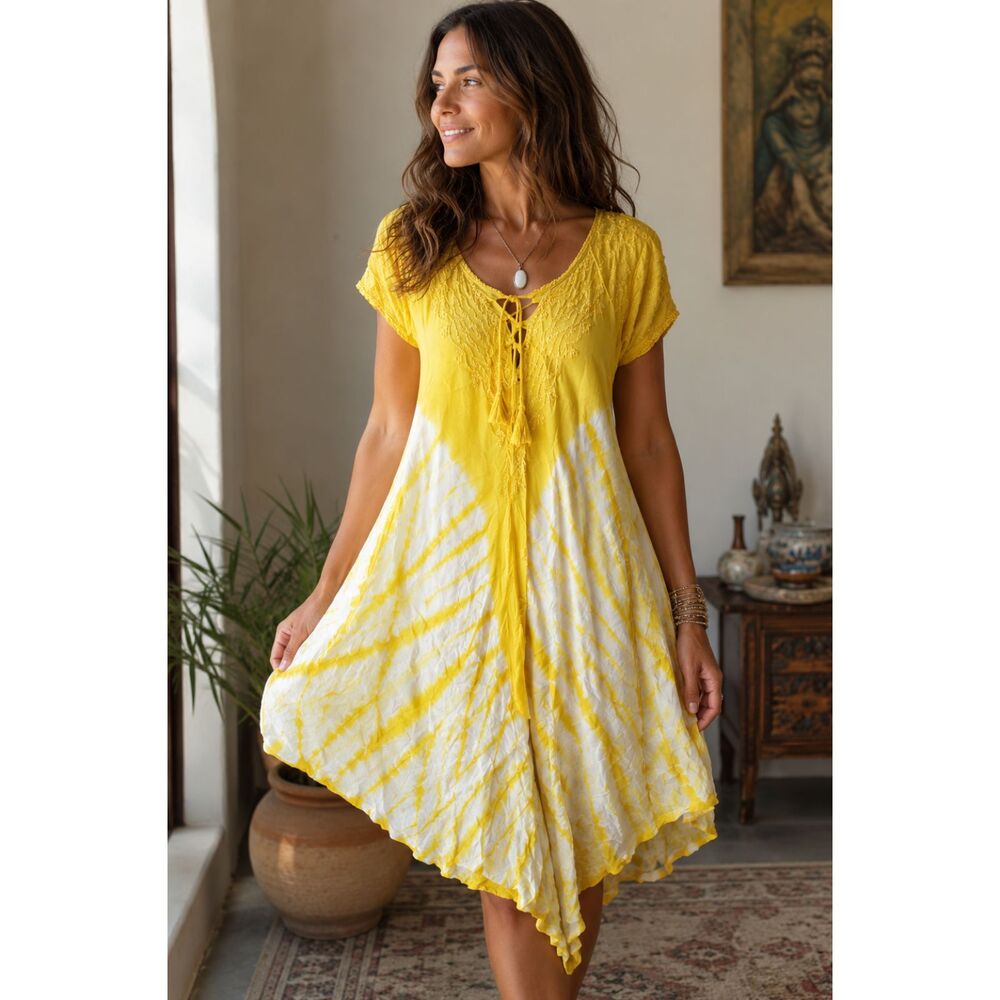 Yellow Boho Tie Dye Tunic Dress  | Beach Cover Up | Cottagecore Summer